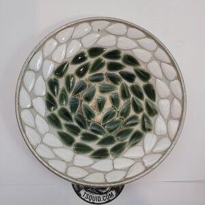 Vintage Trinket Dish Green White Mosaic Spiral Gold Tone Metal 5in Mid Century